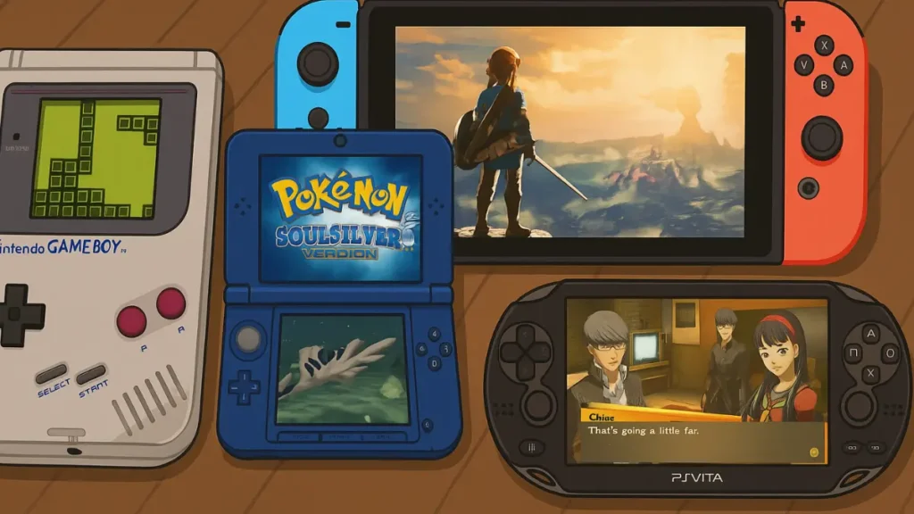 Illustration of classic and modern handheld gaming consoles representing the best handheld games of all time