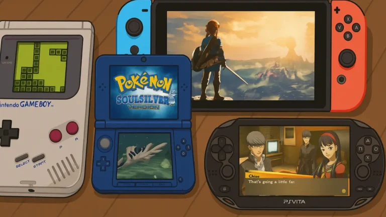 Illustration of classic and modern handheld gaming consoles representing the best handheld games of all time