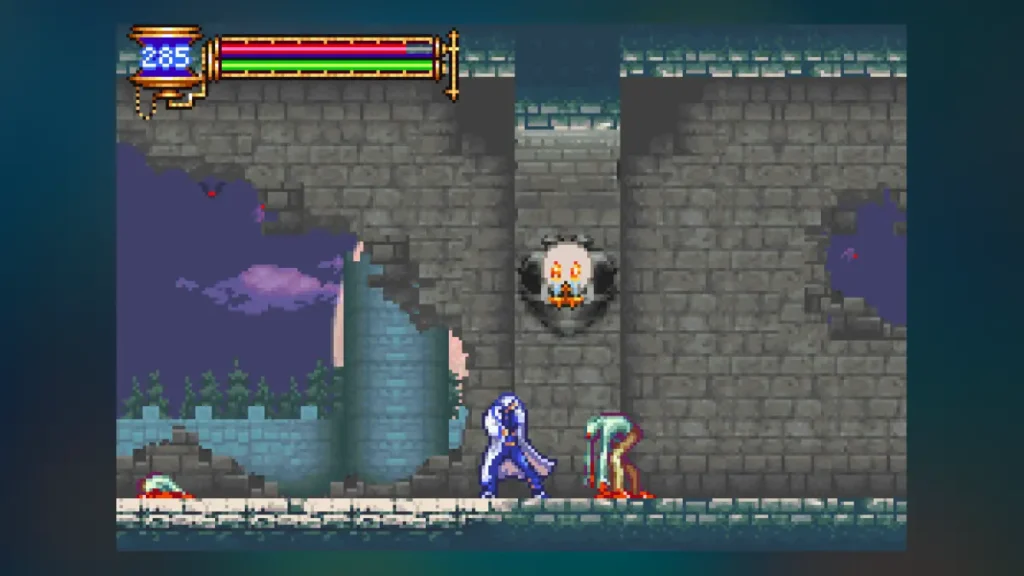 Soma Cruz fighting enemies in gothic handheld action on GBA in Aria of Sorrow