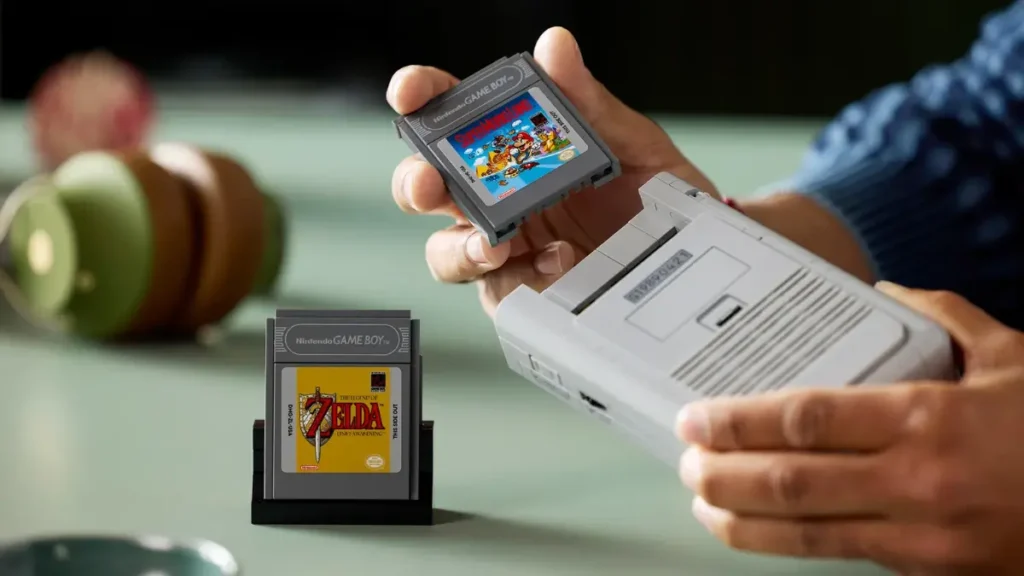 LEGO Game Boy with Zelda and Mario cartridges and lenticular screen tiles