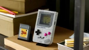 LEGO Game Boy handheld console set, front view with cartridge inserted