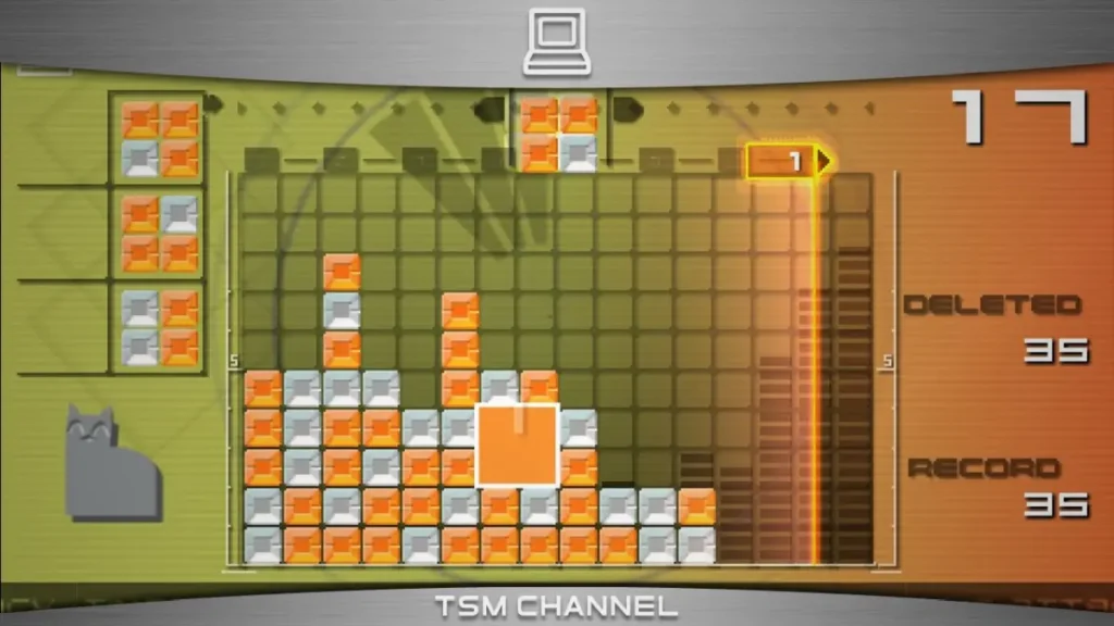 Rhythmic puzzle blocks syncing with music on PSP screen in Lumines handheld gameplay