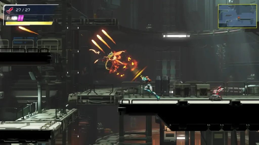 Samus facing E.M.M.I. robot in atmospheric handheld action in Metroid Dread on Switch