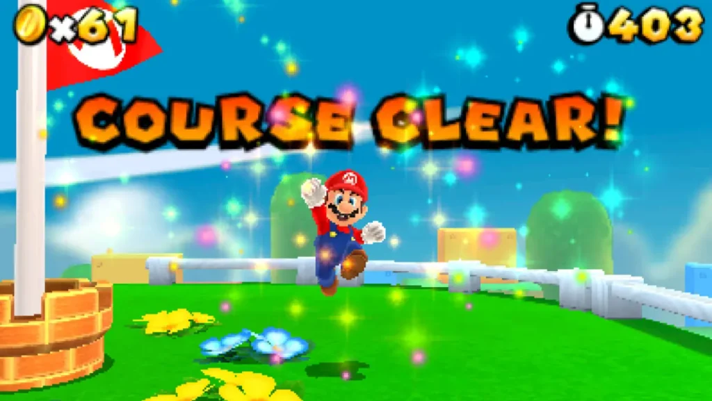 Mario platforming through 3D levels on Nintendo 3DS handheld in Super Mario 3D Land