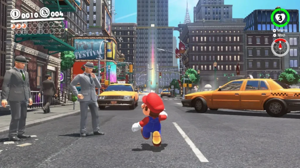 Mario jumping through colorful kingdoms in handheld gameplay of Super Mario Odyssey on Switch
