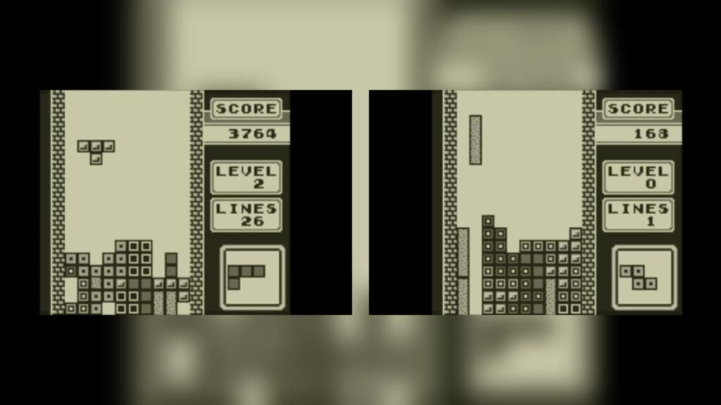 Classic Tetris gameplay with falling blocks on Game Boy screen in original handheld version
