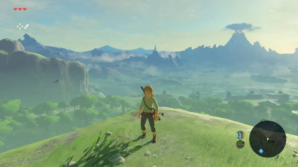 Link exploring Hyrule in handheld mode on Nintendo Switch in The Legend of Zelda: Breath of the Wild