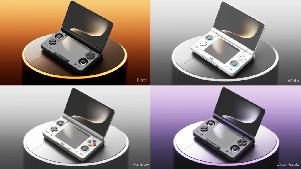 AYN Thor gaming handheld in all four color options Black, White, Rainbow and Clear Purple
