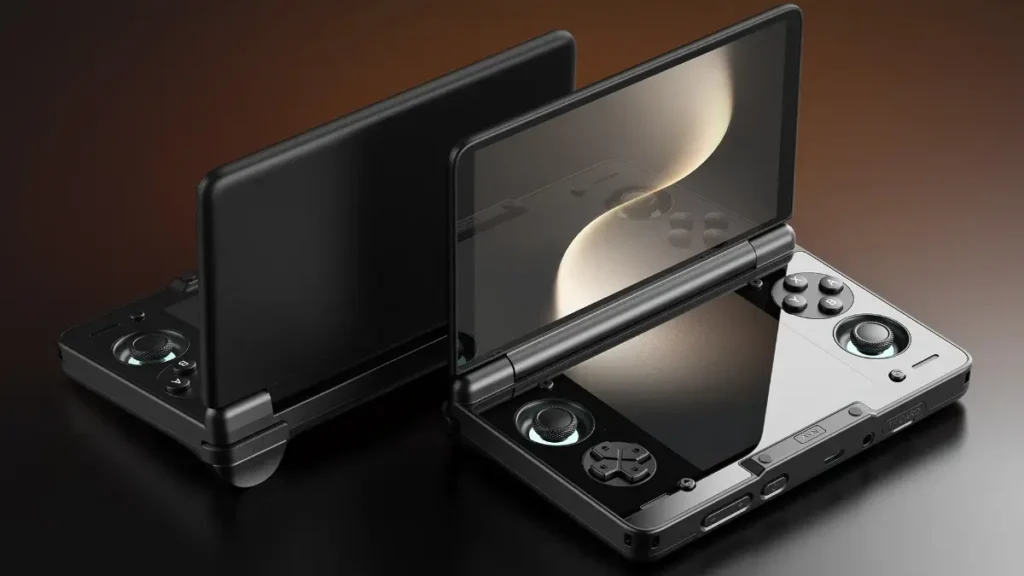 AYN Thor handheld consoles in black and white colors showing dual screen design