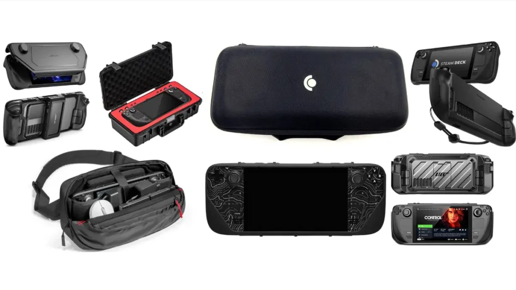 Seven popular Steam Deck cases arranged for protection comparison