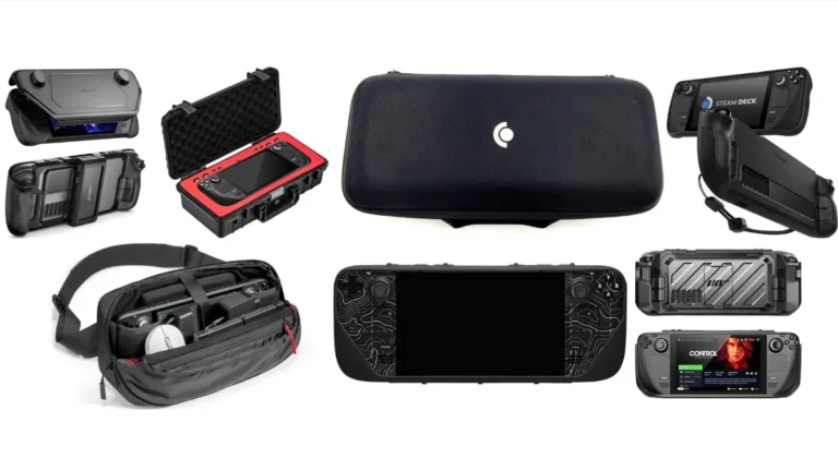 Seven popular Steam Deck cases arranged for protection comparison