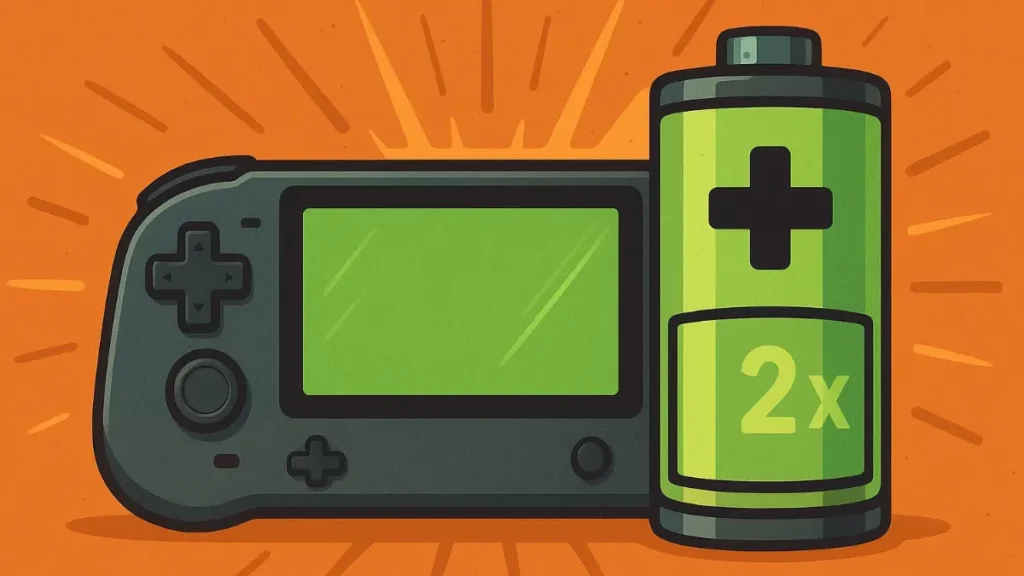 Cartoon illustration of handheld gaming battery life showing gaming console with battery icon for optimization tips