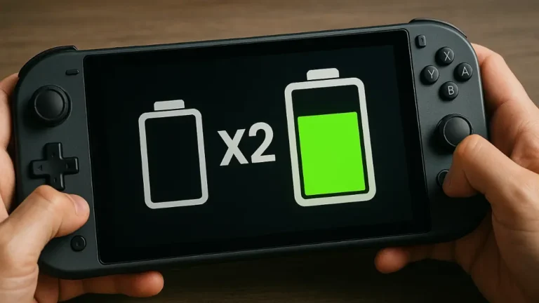 Handheld gaming battery life illustration showing console with battery optimization for extended gaming sessions