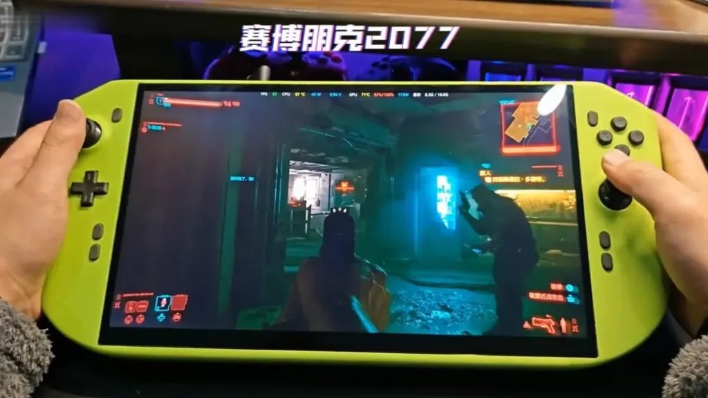 Custom handheld gaming PC RTX 4090 playing Cyberpunk 2077 in 4K resolution at 60 FPS