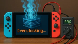 Nintendo Switch overclocking setup showing console with heat effects and frequency meter displaying overclocked speeds