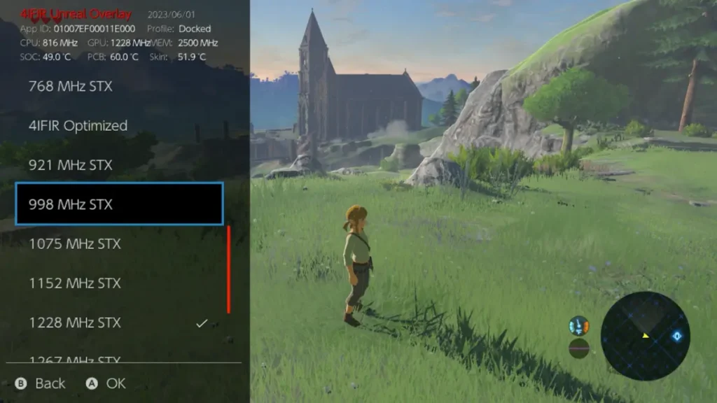 Nintendo Switch overclocking Tesla overlay displaying real-time CPU and GPU frequencies during Zelda gameplay session
