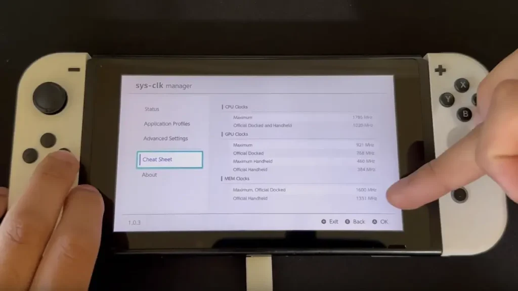 Nintendo Switch sys-clk manager interface showing CPU, GPU and memory overclocking frequency settings for performance optimization