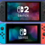 Nintendo Switch vs Switch 2 side by side comparison showing original Switch console and new Switch 2 with larger screen and magnetic Joy-Con controllers