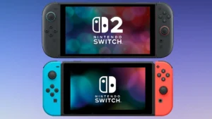 Nintendo Switch vs Switch 2 side by side comparison showing original Switch console and new Switch 2 with larger screen and magnetic Joy-Con controllers