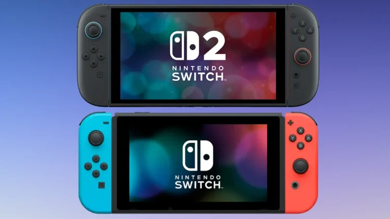 Nintendo Switch vs Switch 2 side by side comparison showing original Switch console and new Switch 2 with larger screen and magnetic Joy-Con controllers