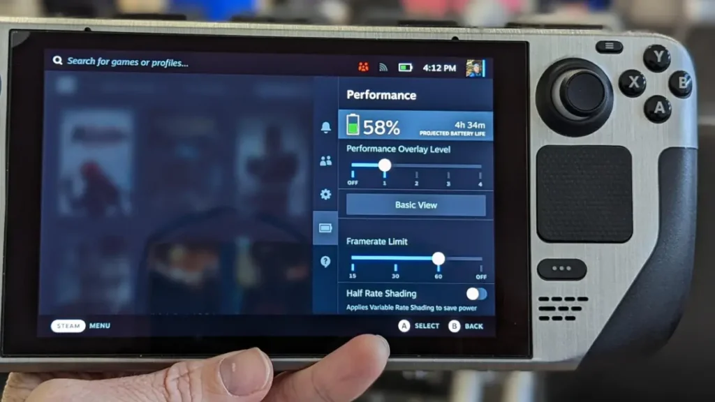 Steam Deck displaying handheld gaming battery life percentage for optimal gaming battery management