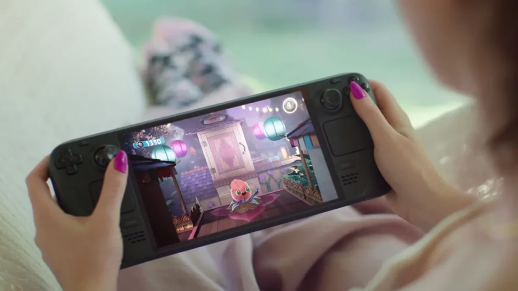 Steam Deck portable gaming device being used for handheld gaming experience