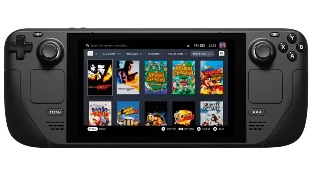 EmuDeck Steam Deck emulation interface showing integrated retro game library with Animal Crossing and classic titles in Steam OS