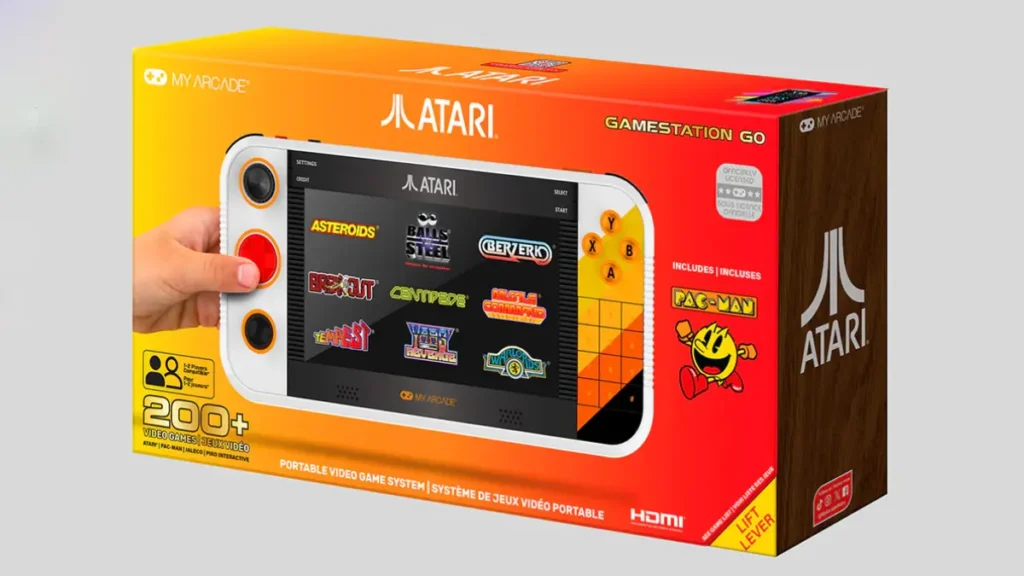 Handheld console packaging showing 200+ built-in games and HDMI connectivity