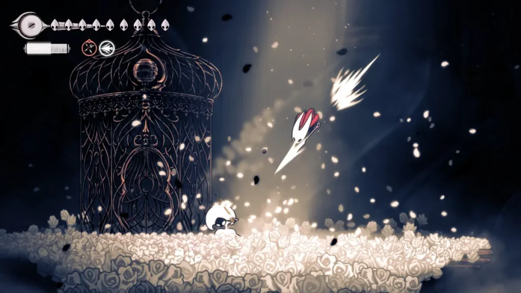 Hollow Knight Silksong combat action showing Hornet fighting enemies with acrobatic needle attacks and movement