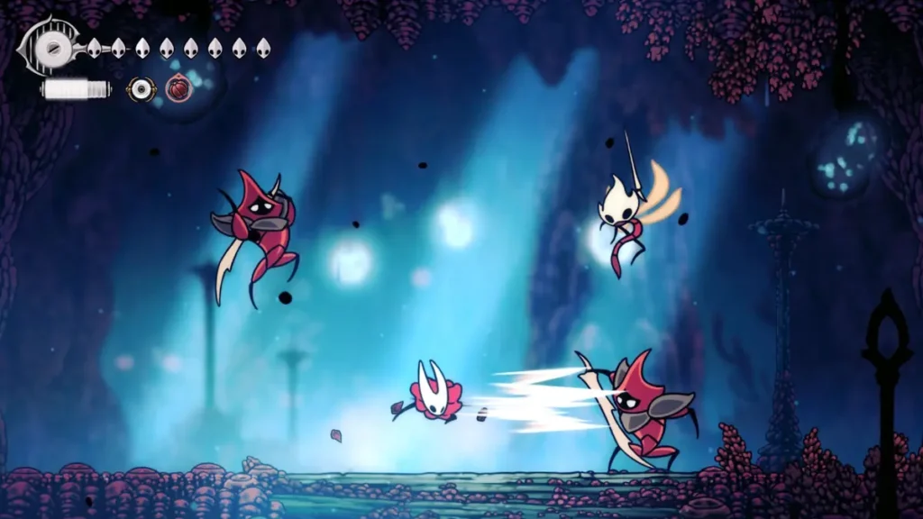 Hollow Knight Silksong combat gameplay featuring Hornet fighting multiple enemies using needle-based attacks