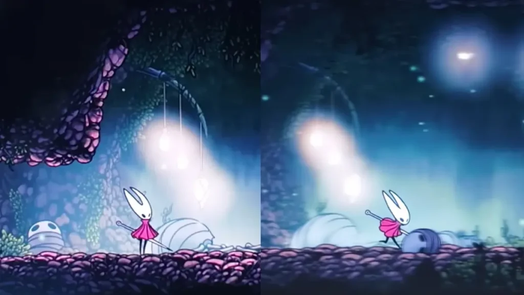 Hollow Knight Silksong Switch vs Switch 2 visual comparison showing Hornet in atmospheric cave environment with improved lighting