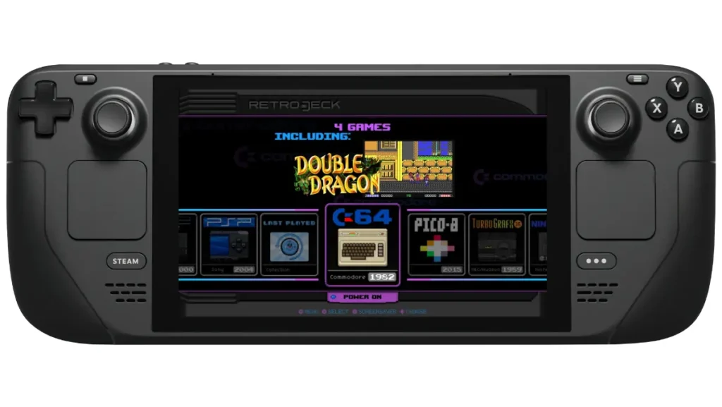 RetroDECK Steam Deck emulation showing console selection menu with PSP, C64, PICO-8 and classic gaming systems interface