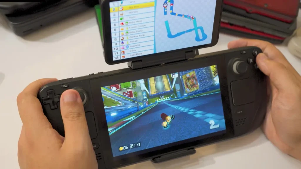 Steam Deck with Retroid Dual Screen Add-On playing Mario Kart, showing race on main screen and track map on secondary display
