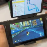 Steam Deck with Retroid Dual Screen Add-On playing Mario Kart, showing race on main screen and track map on secondary display