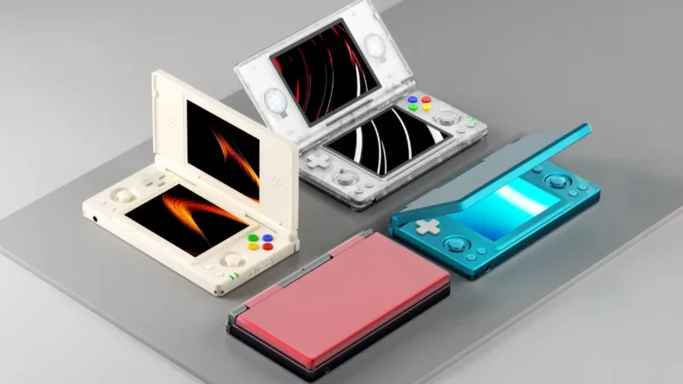 Anbernic RG DS four color options - white, transparent, turquoise blue, and red black - budget dual-screen handheld under 100 dollars
