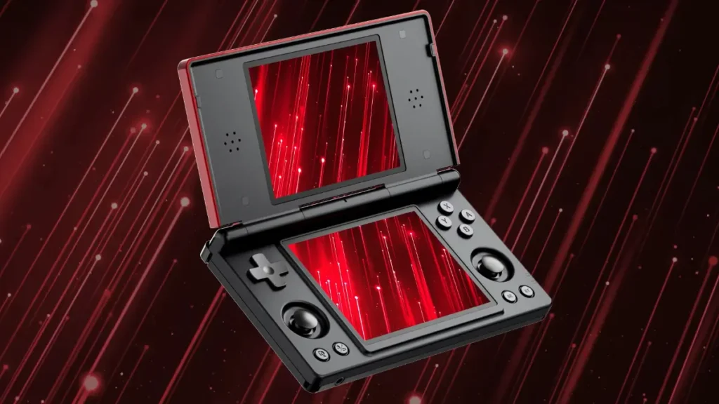 Anbernic RG DS dual-screen handheld gaming console in red and black colorway showing clamshell design with dual analog sticks