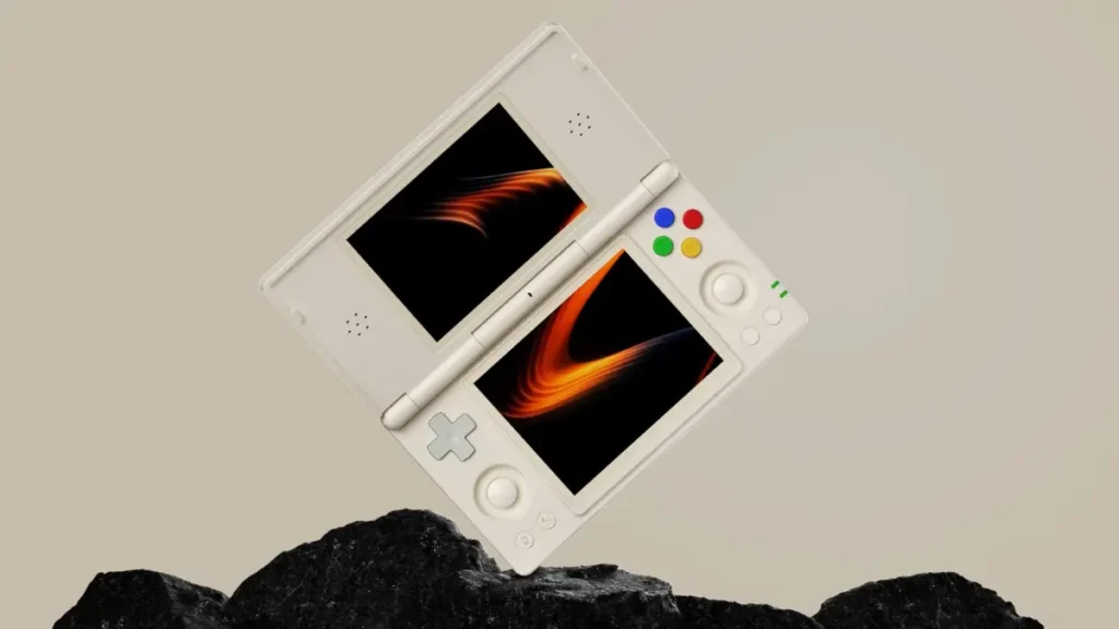 Anbernic RG DS white variant open showing dual screens and Nintendo DS inspired design with ABXY buttons