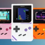 ModRetro Chromatic handheld console in five different colors showing various Game Boy games