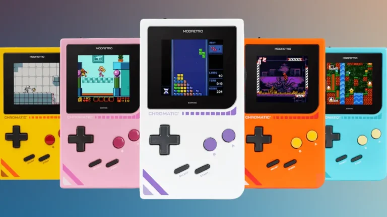 ModRetro Chromatic handheld console in five different colors showing various Game Boy games