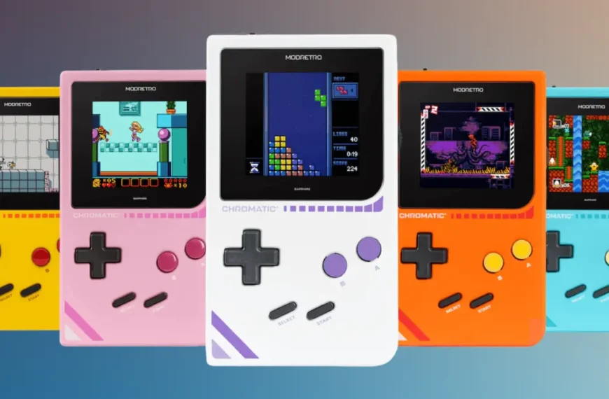 ModRetro Chromatic handheld console in five different colors showing various Game Boy games
