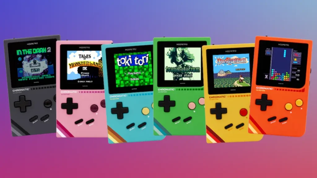 ModRetro Chromatic console lineup showing six new Game Boy Color games including Toki Tori and Dragonyhm