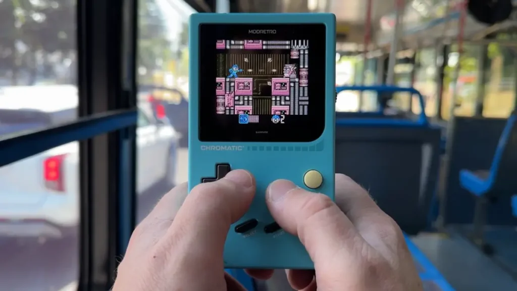 Gaming handheld with bright backlit display readable in direct sunlight outdoors