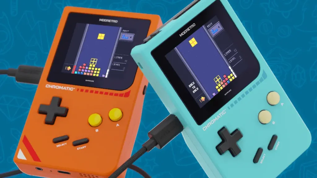 Two Chromatic handhelds playing Tetris connected via link cable for multiplayer gaming