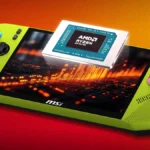 MSI Claw A8 gaming handheld with AMD Ryzen Z2 Extreme processor in neon green colorway
