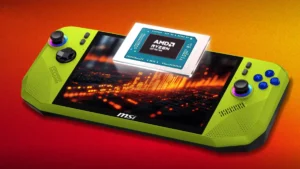 MSI Claw A8 gaming handheld with AMD Ryzen Z2 Extreme processor in neon green colorway