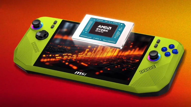 MSI Claw A8 gaming handheld with AMD Ryzen Z2 Extreme processor in neon green colorway
