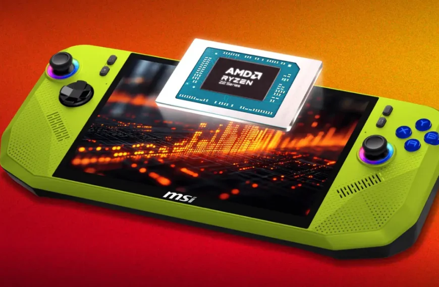 MSI Claw A8 gaming handheld with AMD Ryzen Z2 Extreme processor in neon green colorway