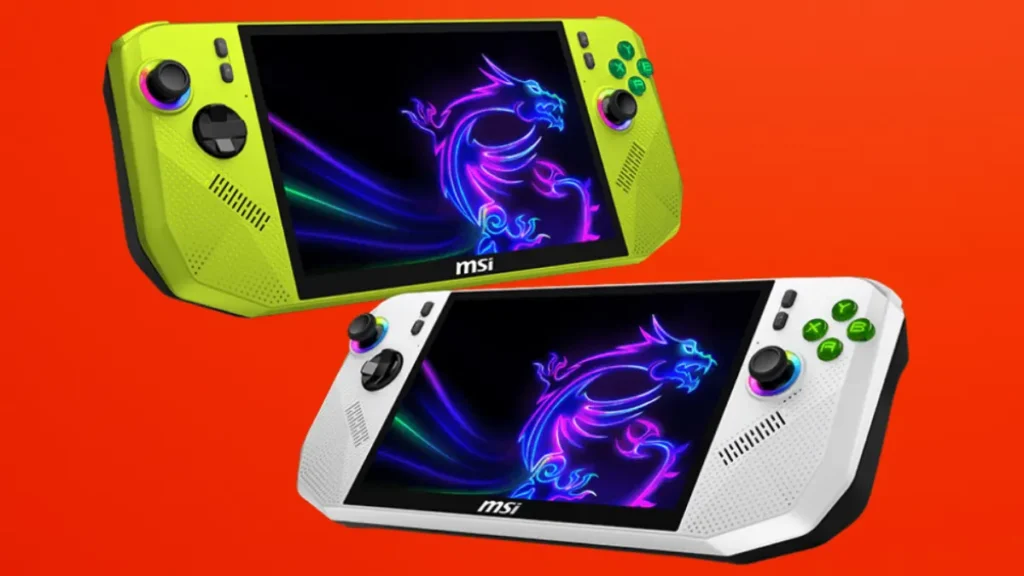 MSI gaming handheld available in white and neon green color options showing design comparison