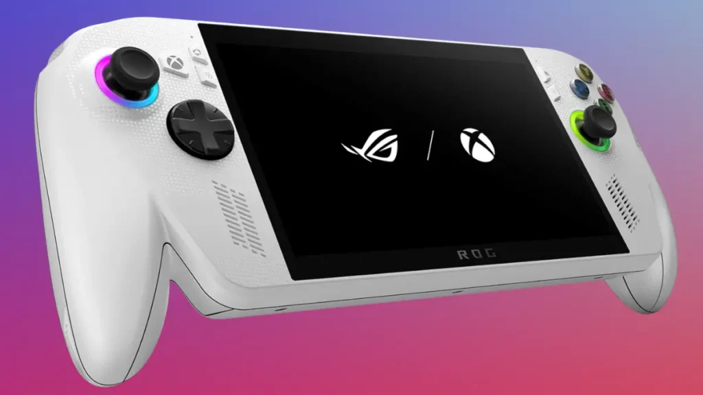 ROG Xbox Ally handheld console showcasing white ergonomic design with RGB lighting on analog sticks, Xbox controller-inspired grips, and ASUS ROG and Xbox branding on display