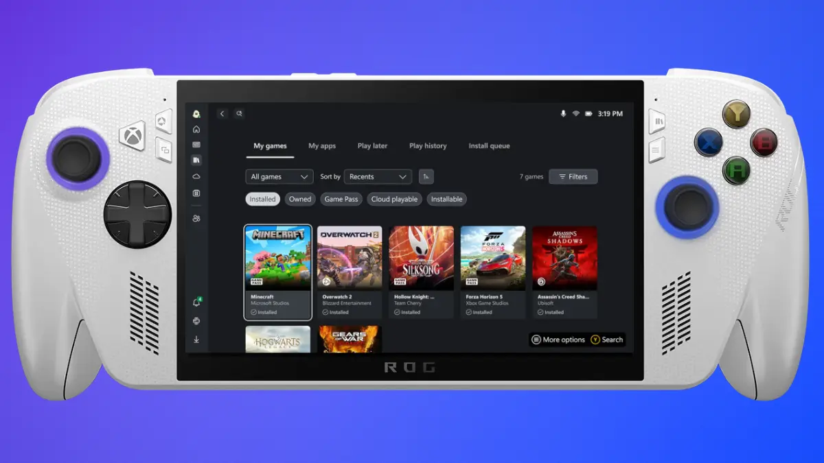 ROG Xbox Ally white handheld gaming console displaying Xbox Full Screen Experience interface with game library including Minecraft, Overwatch 2, Hollow Knight Silksong, and Forza Horizon 5